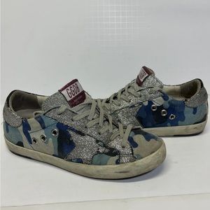 Golden Goose Superstar Sneakers Grey Blue Silver Glitter Camo Star Sz 35